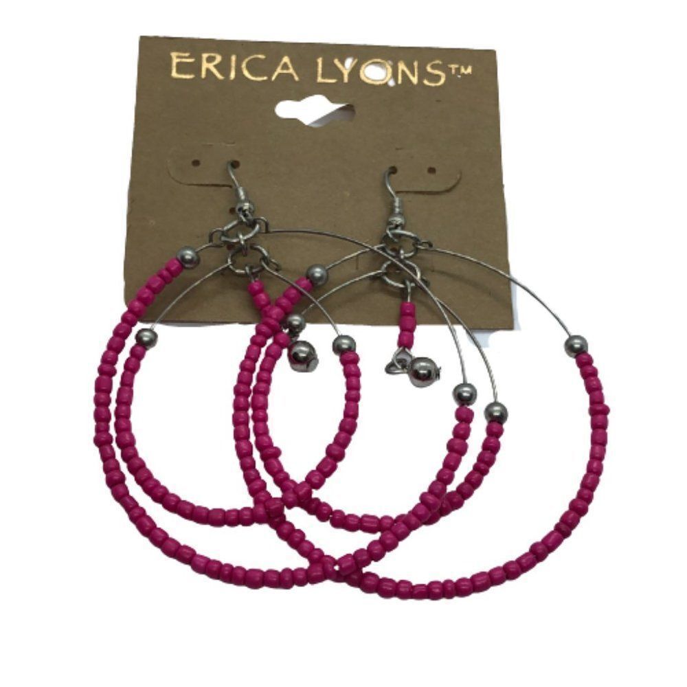 Erica Lyons NWT Silver Tone & Pink Beaded Boho Hoop Dangly Earrings